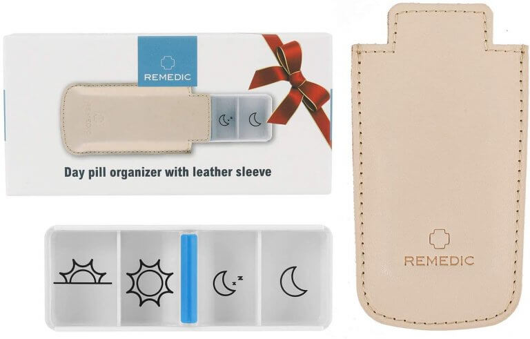 day pill organizer in real leather sleeve 